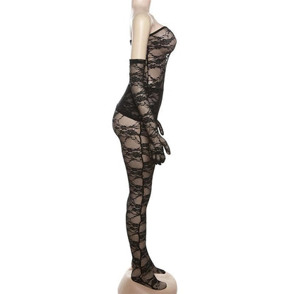 Lace see through gloves solid backless tube pant set-final-sale