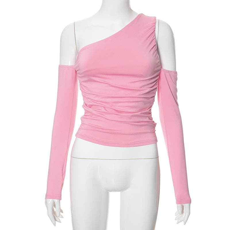 Long sleeve one shoulder irregular ruched solid top