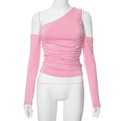 Long sleeve one shoulder irregular ruched solid top