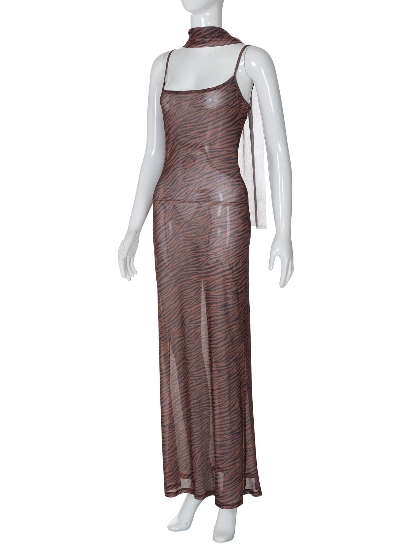 Tiger print sheer mesh cami maxi dress