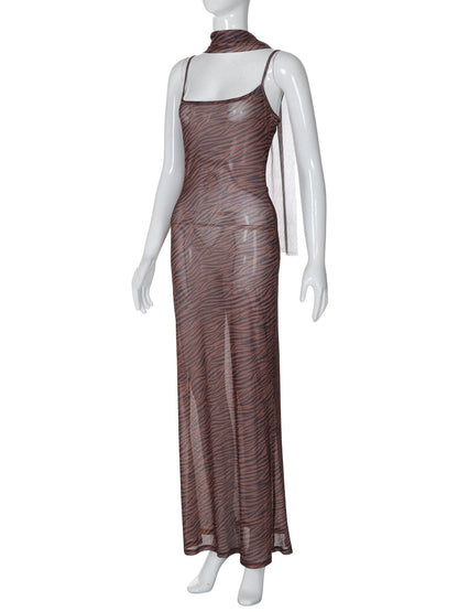 Tiger print sheer mesh cami maxi dress