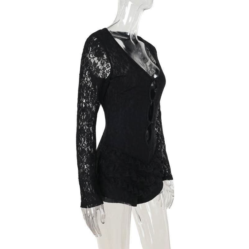 Hollow out zip-up bowknot lace hem long sleeve romper