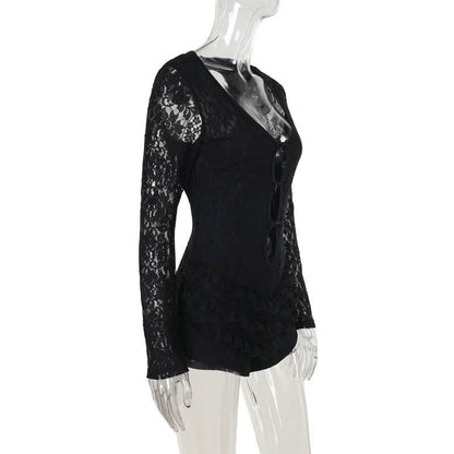 Hollow out zip-up bowknot lace hem long sleeve romper