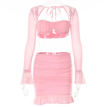 Mesh hollow out solid ruffle long sleeve ruched mini skirt set