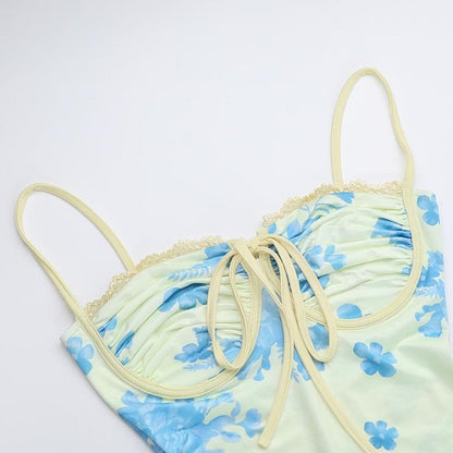 Sweetheart neck ruched lace hem flower print cami maxi dress