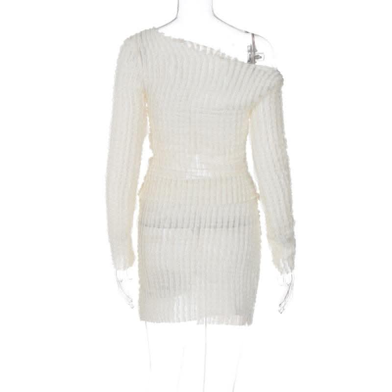 Textured off shoulder irregular long sleeve ruched slit mini skirt set-final-sale