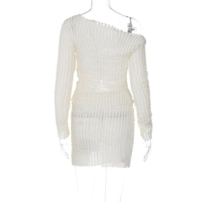 Textured off shoulder irregular long sleeve ruched slit mini skirt set-final-sale