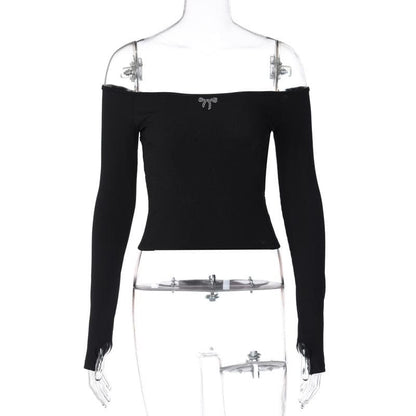 Off shoulder long sleeve gloves solid hollow out cut out top