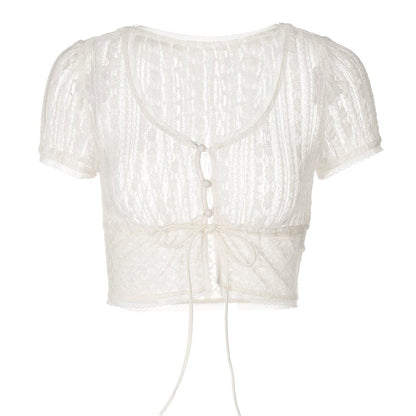Short sleeve button lace see through crop top