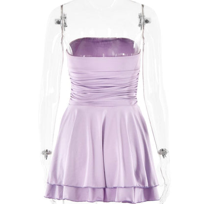 Ruched backless solid ruffle tube mini dress