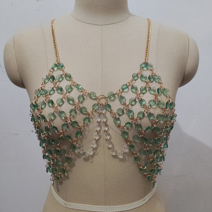 Beaded metal chain u neck backless layered cami top