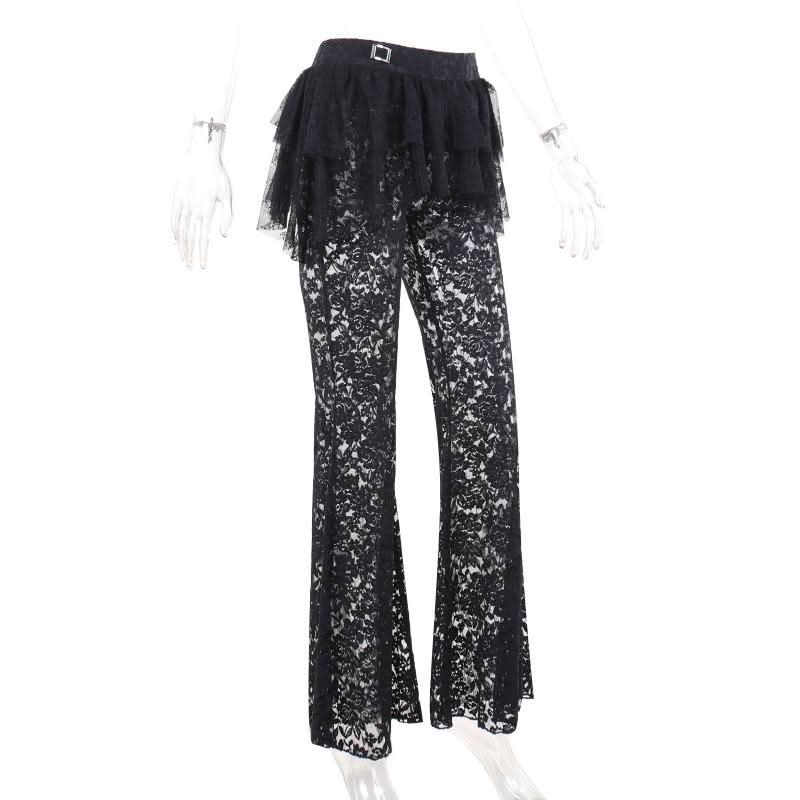 Ruffle lace buckle irregular medium rise pant