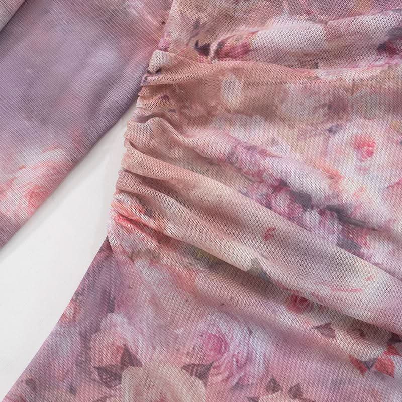 Off shoulder long sleeve flower print lace hem mesh top