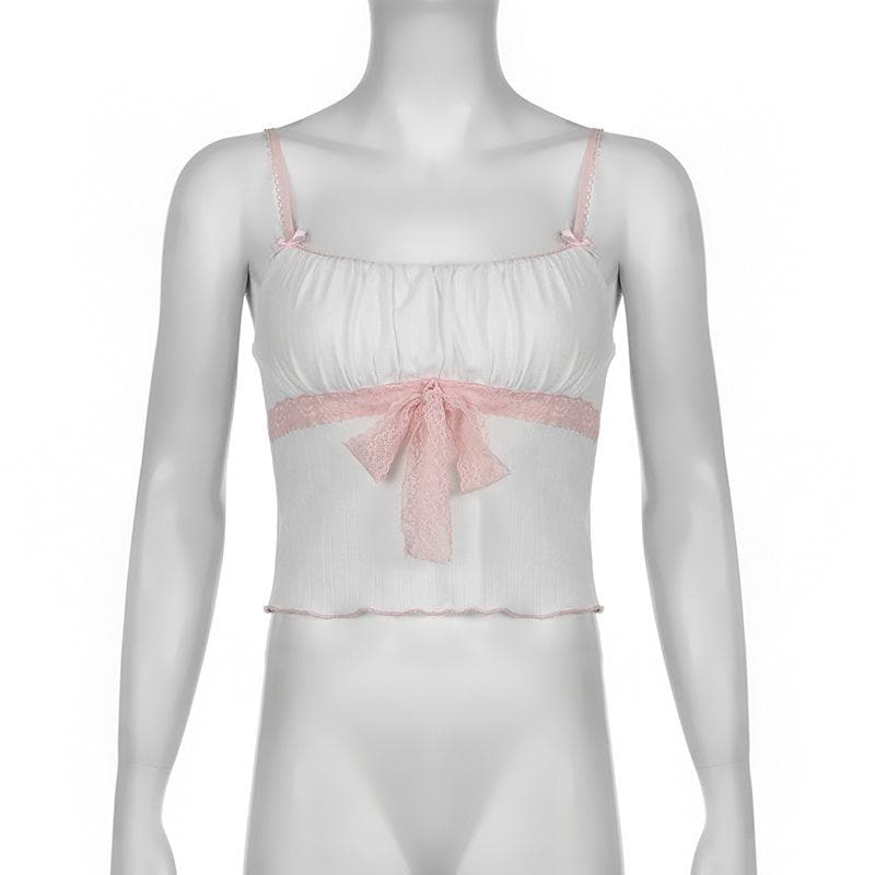Ruched lace hem bowknot ruffle cami top