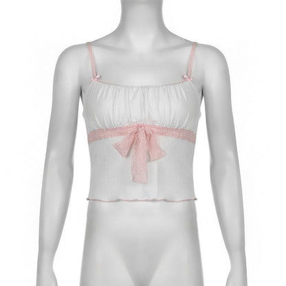 Ruched lace hem bowknot ruffle cami top