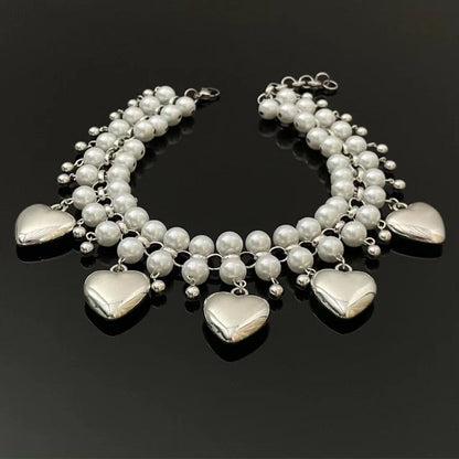 Heart pendant layered faux pearl choker necklace