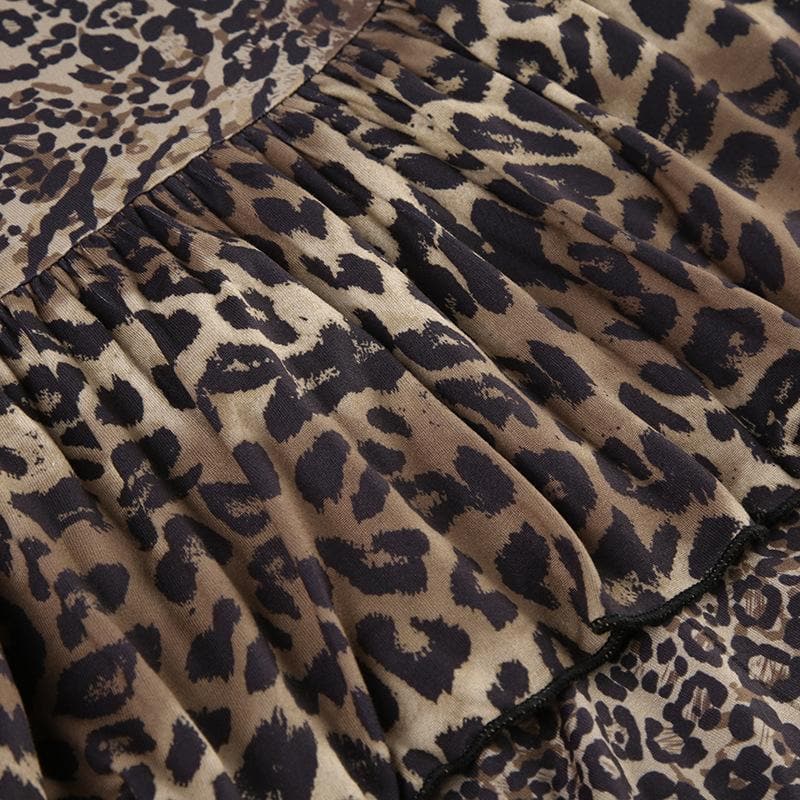 Leopard print v neck ruffle ruched midi dress
