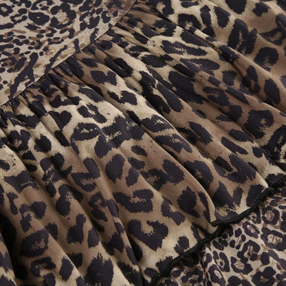Leopard print v neck ruffle ruched midi dress