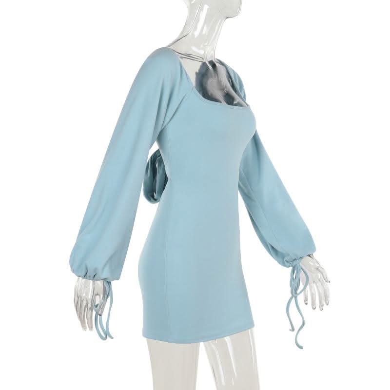 Long sleeve u neck self tie backless mini dress
