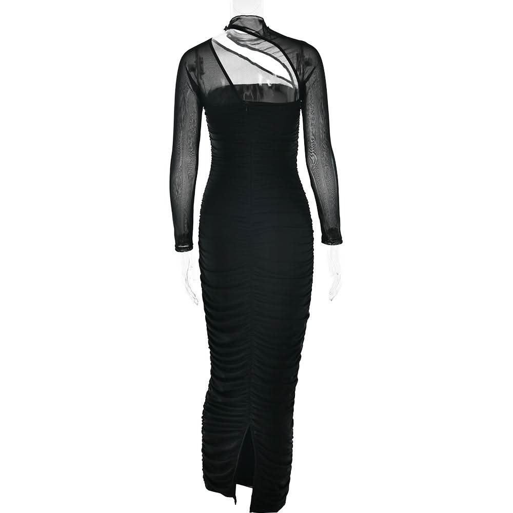 Long sleeve mesh ruched maxi dress