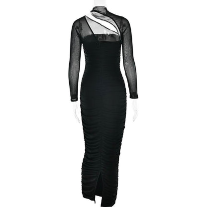 Long sleeve mesh ruched maxi dress