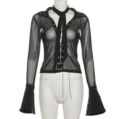 Turnover collar long sleeve mesh self tie top