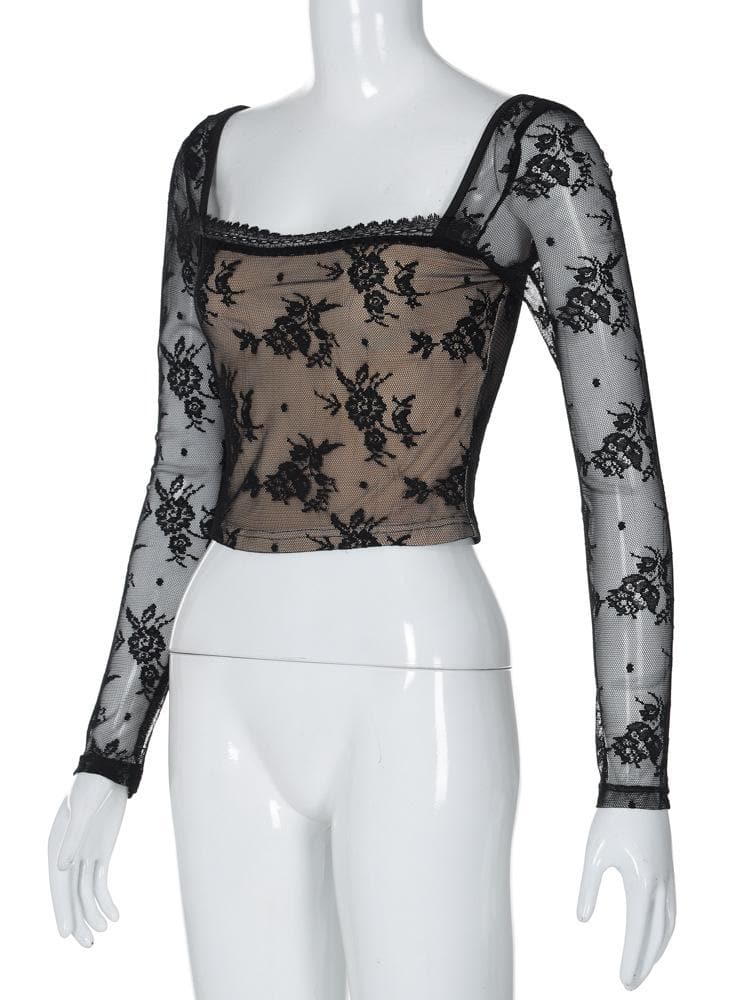 Long sleeve square neck lace patchwork top