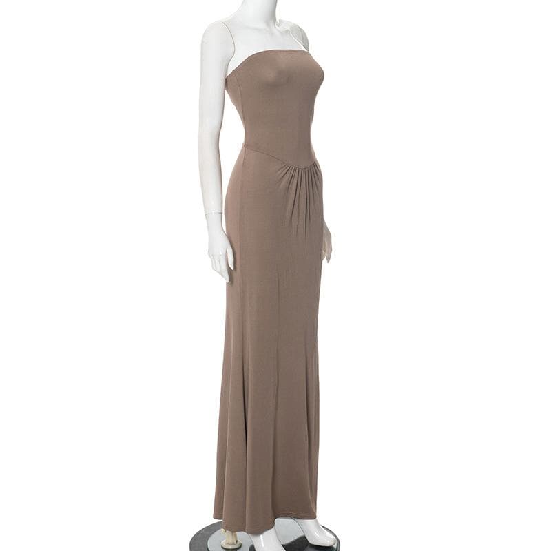 Ruched backless solid tube maxi dress