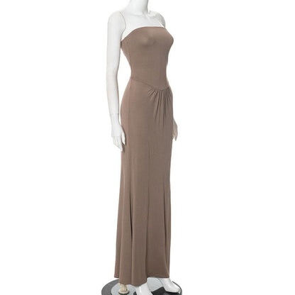 Ruched backless solid tube maxi dress