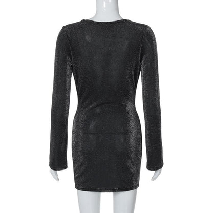 Long sleeve cowl neck ruched glitter solid mini dress