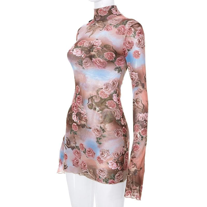Cherub Floral Print Mock Neck Long Sleeve Lettuce Hem Mini Dress