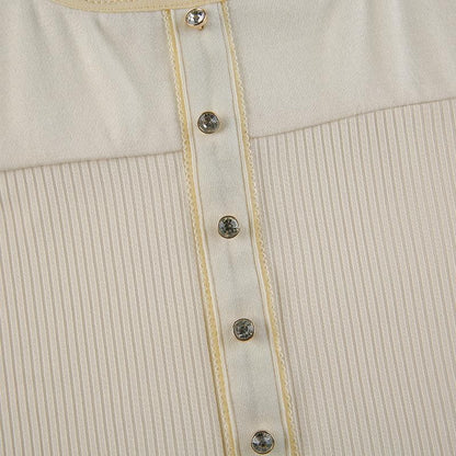 Solid long sleeve lace hem button self tie top