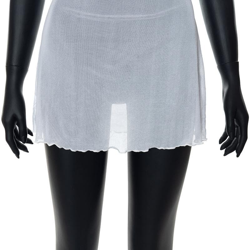 Halter cowl neck sheer mesh ruffle mini dress