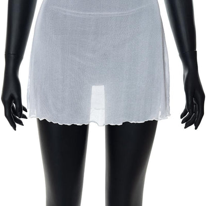 Halter cowl neck sheer mesh ruffle mini dress