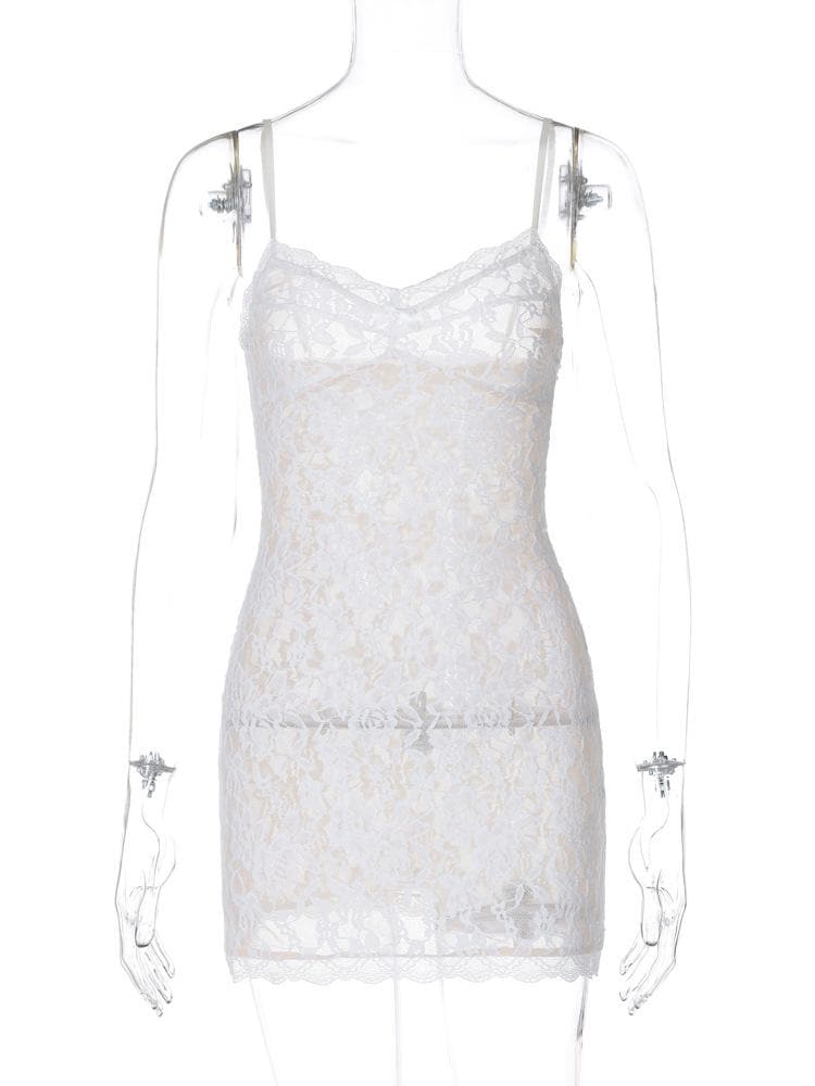 V neck see through lace bowknot cami mini dress