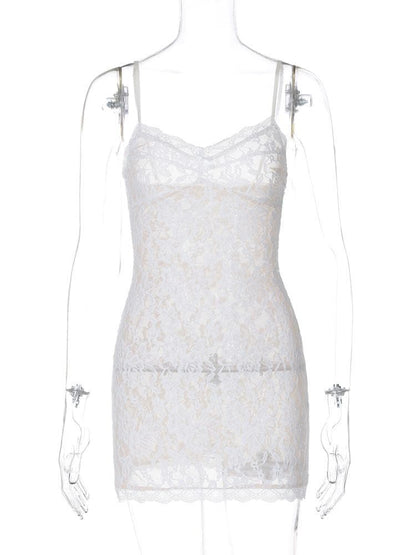 V neck see through lace bowknot cami mini dress