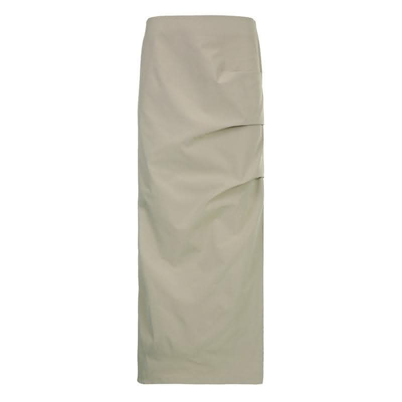 Ruched solid zip-up slit cargo maxi skirt-final-sale