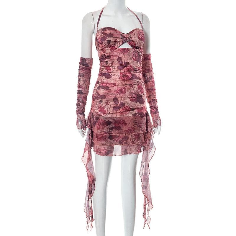 Newspaper Floral Print Halter Heart Buckle Cutout Ruched Ruffle Mini Dress