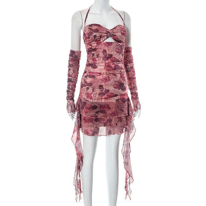 Newspaper Floral Print Halter Heart Buckle Cutout Ruched Ruffle Mini Dress