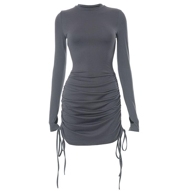 Mock Neck Thumbhole Long Sleeve Drawstring Ruched Mini Dress
