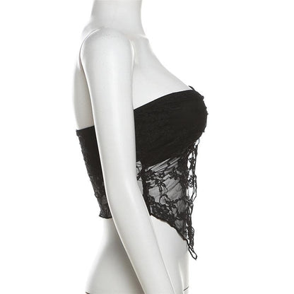 Lace ruched slit ruffle solid tube top