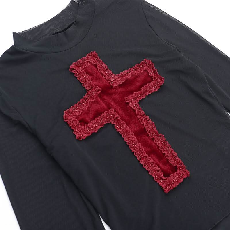 Crewneck long sleeve mesh cross pattern top