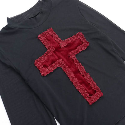 Crewneck long sleeve mesh cross pattern top