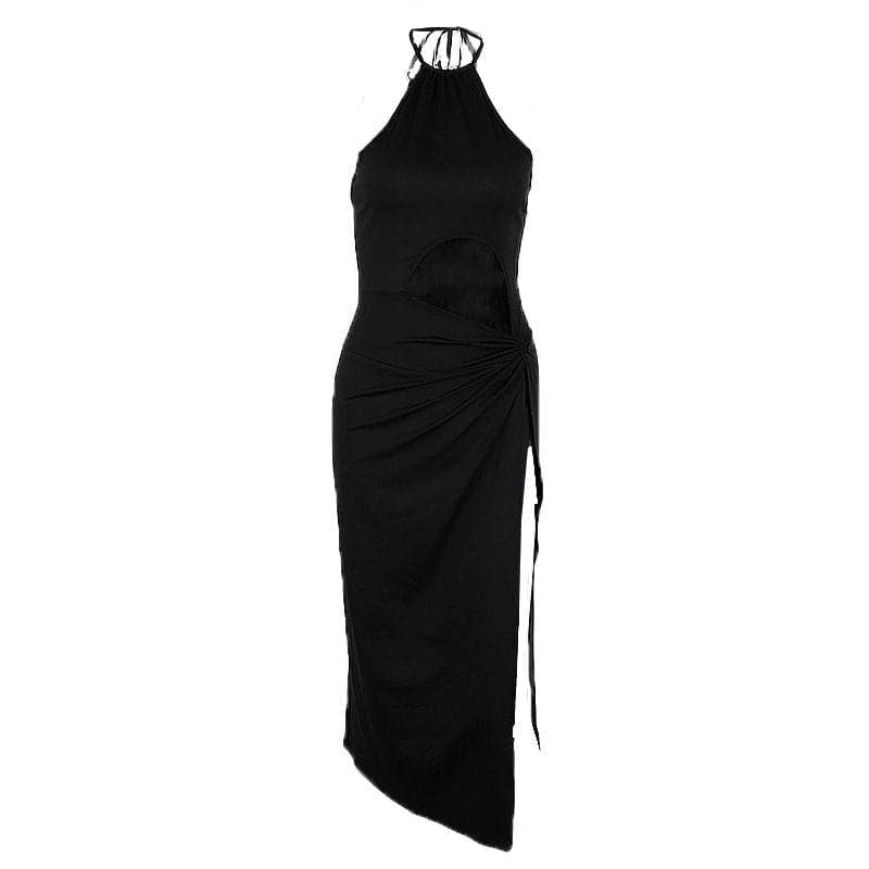 Halter Neck Circular Cutout Ruched Side Slit Maxi Dress