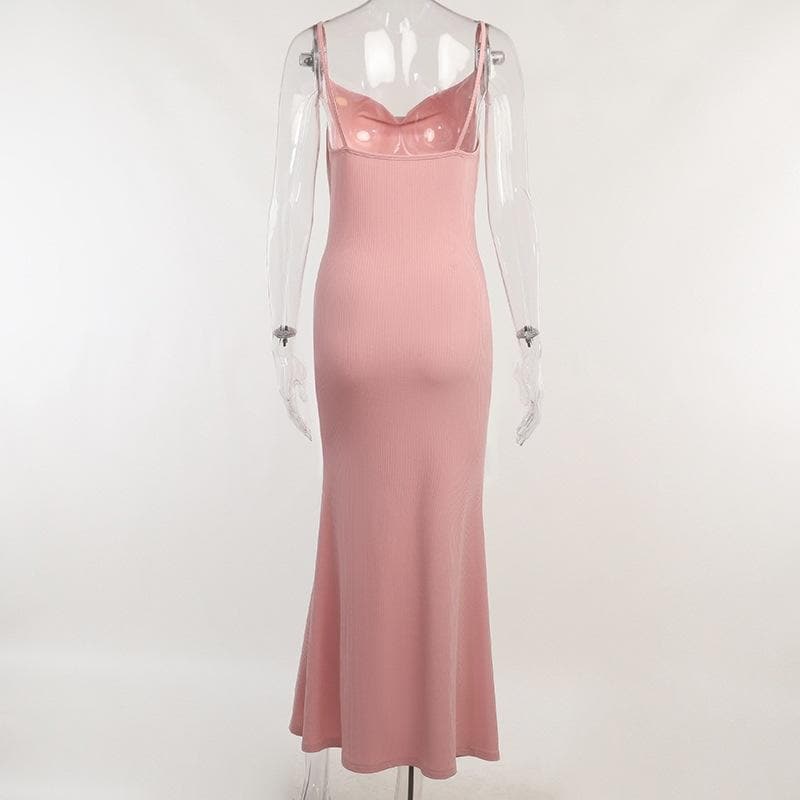 Ribbed Knit Spaghetti Strap Cowl Neck Bodycon Maxi Dress