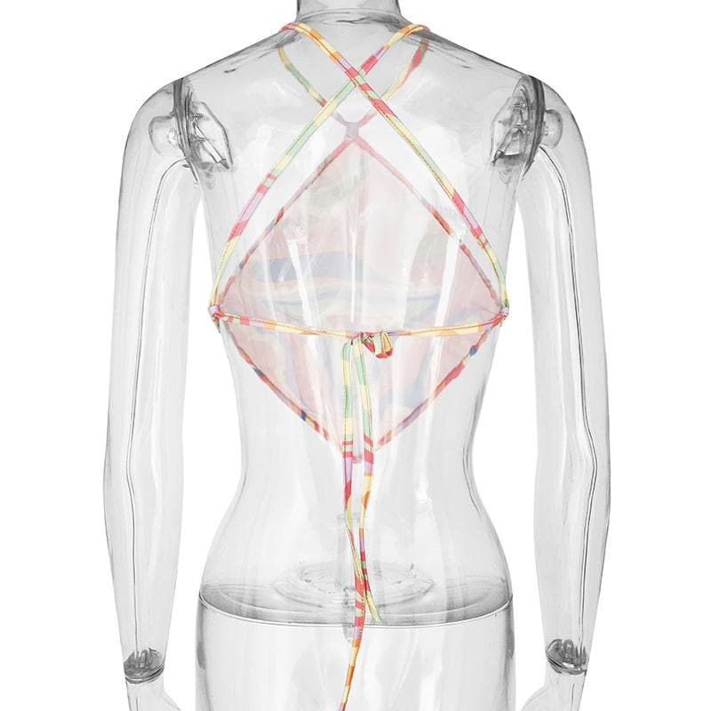 Contrast ripple halter backless self tie cross back crop top