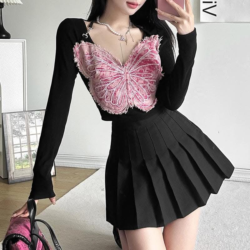 Long sleeve v neck butterfly embroidery halter contrast top-final-sale