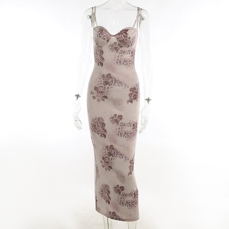 Floral Spotted Print Sweetheart Bustier Spaghetti Strap Bodycon Maxi Dress
