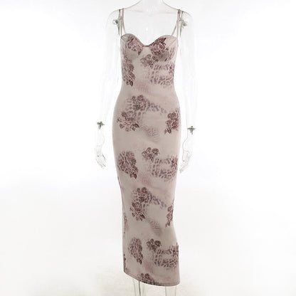 Floral Spotted Print Sweetheart Bustier Spaghetti Strap Bodycon Maxi Dress