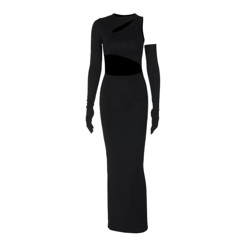 Long sleeve gloves irregular hollow out crewneck cut out maxi dress-final-sale